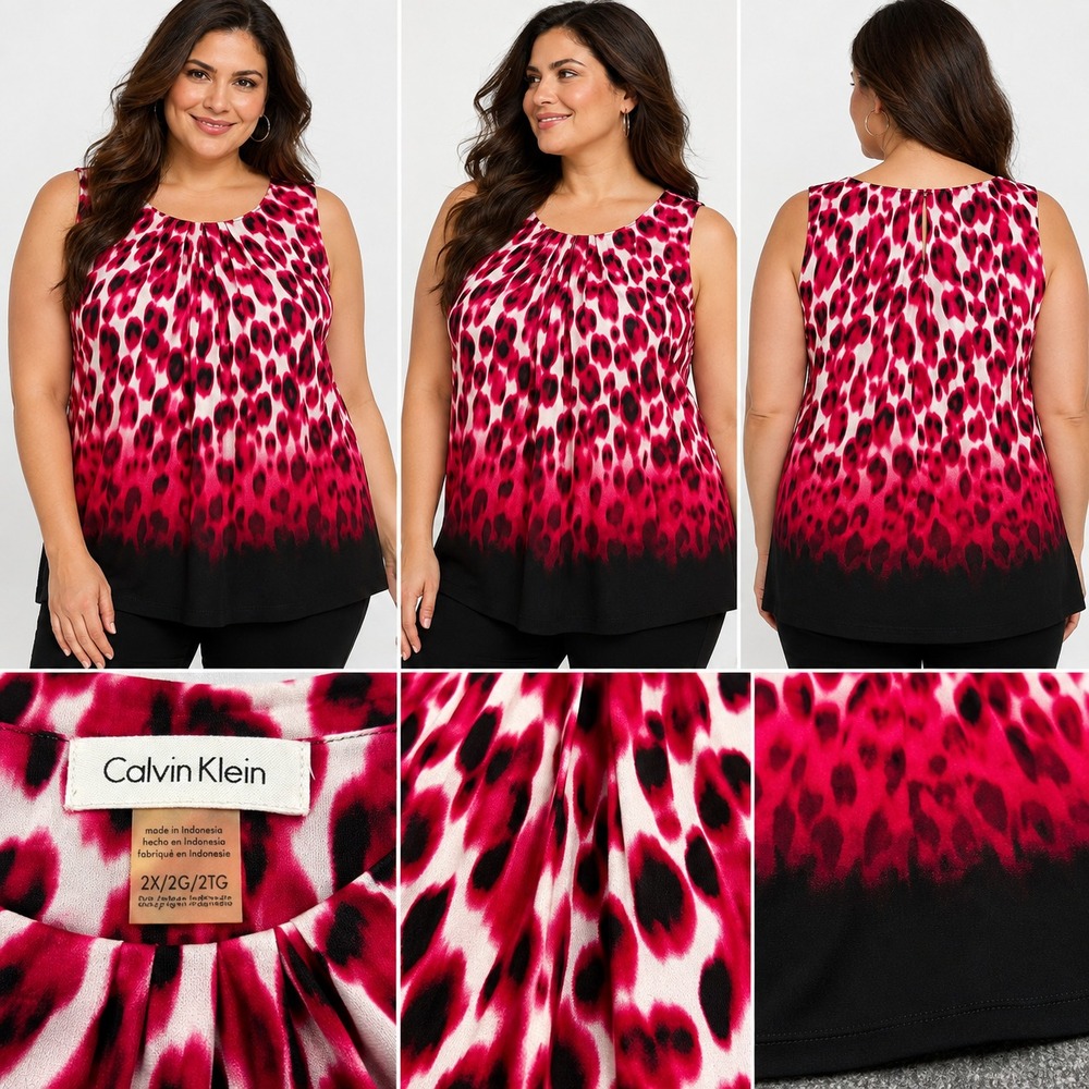 Calvin Klein Blouse Top Womens 2X Pink Black Leopard Animal Print Pleat Neck Tan